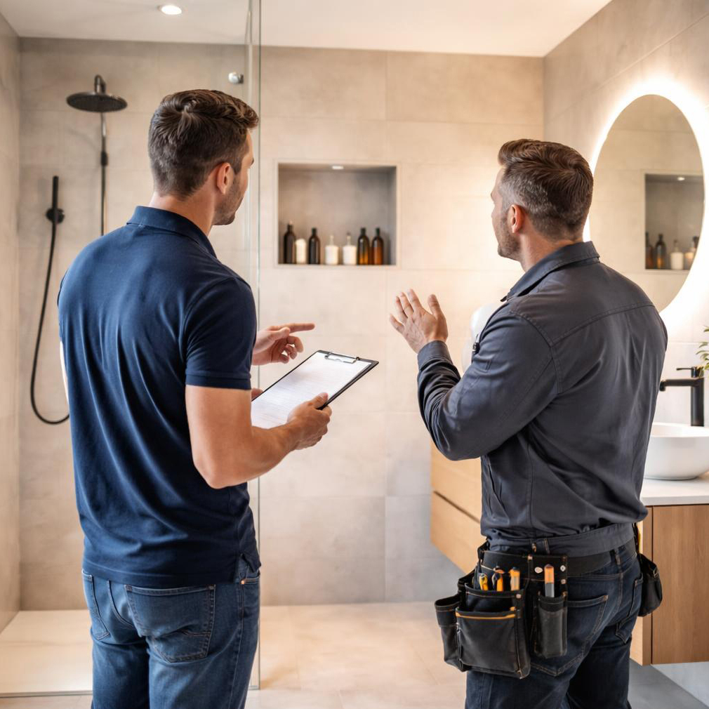 Zwei Personen in einem Bad beraten miteinander